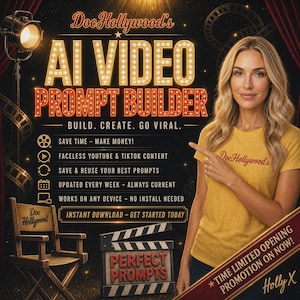 May include: A promotional graphic for DocHollywood's AI Video Prompt Builder featuring a person in a yellow t-shirt pointing to text. The image includes a film spotlight, a director's chair, a clapperboard, and text detailing digital tool features.