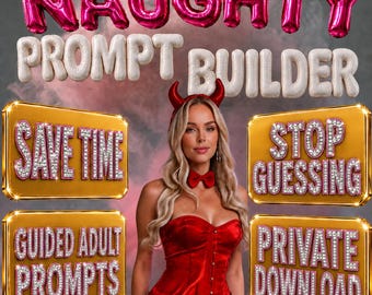 May include: A person wearing a red corset and devil horns headband. The image features text in pink and white balloons reading NAUGHTY PROMPT BUILDER and four gold rectangular signs with text reading SAVE TIME, STOP GUESSING, GUIDED ADULT PROMPTS, and PRIVATE DOWNLOAD.