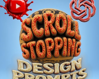 May include: A graphic design featuring the text SCROLL STOPPING DESIGN PROMPTS in 3D lettering. The top words are red with gold filigree, while the bottom words are cream-colored. A red YouTube icon and a red circular logo are positioned above.