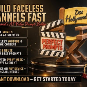 May include: A digital graphic featuring a wooden director's chair with 'Doc Hollywood' text, a film clapperboard labeled 'PERFECT PROMPTS', and a list of features including 'BUILD FACELESS CHANNELS FAST' and 'LIFETIME ACCESS' with a gold seal.