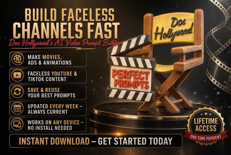 May include: A digital graphic featuring a wooden director's chair with 'Doc Hollywood' text, a film clapperboard labeled 'PERFECT PROMPTS', and a list of features including 'BUILD FACELESS CHANNELS FAST' and 'LIFETIME ACCESS' with a gold seal.