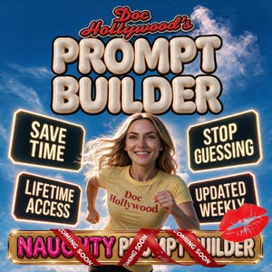 Peut inclure: Un graphique numérique avec le texte Doc Hollywood's PROMPT BUILDER en lettres ballons blanches sur un ciel bleu. Une personne en t-shirt jaune avec le texte Doc Hollywood est au centre. Quatre panneaux noirs indiquent SAVE TIME, STOP GUESSING, LIFETIME ACCESS et UPDATED WEEKLY. Une empreinte de lèvres rouges et une barre dorée avec le texte NAUGHTY PROMPT BUILDER sont en bas.