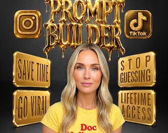 May include: A yellow t-shirt with the red text Doc Hollywood. The background features gold metallic text reading aivideoprompts.io and PROMPT BUILDER, along with gold icons for Instagram and TikTok and gold signs saying SAVE TIME, GO VIRAL, STOP GUESSING, and LIFETIME ACCESS.