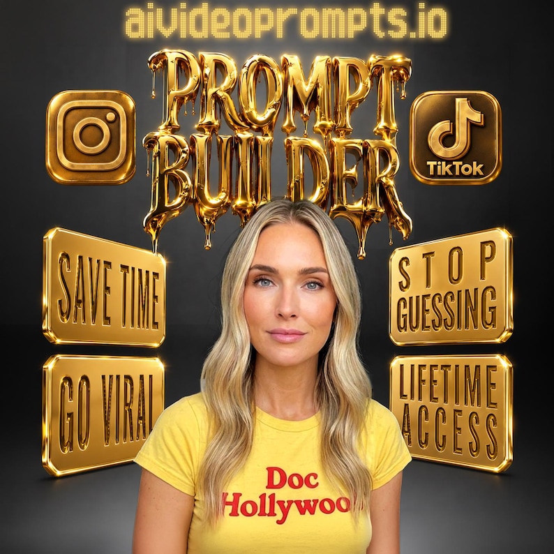 May include: A yellow t-shirt with the red text Doc Hollywood. The background features gold metallic text reading aivideoprompts.io and PROMPT BUILDER, along with gold icons for Instagram and TikTok and gold signs saying SAVE TIME, GO VIRAL, STOP GUESSING, and LIFETIME ACCESS.