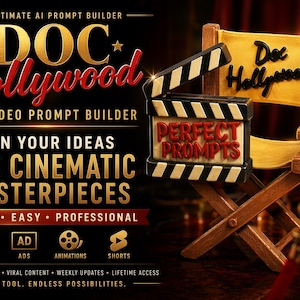 May include: A promotional graphic for Doc Hollywood AI Video Prompt Builder featuring a wooden director's chair with the text Doc Hollywood, a film clapperboard labeled Perfect Prompts, and gold text reading Turn Your Ideas Into Cinematic Masterpieces.
