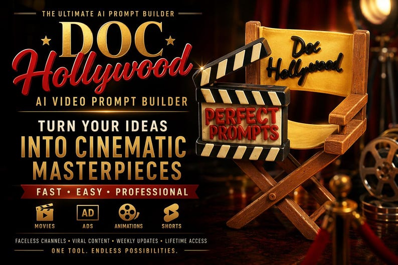 May include: A promotional graphic for Doc Hollywood AI Video Prompt Builder featuring a wooden director's chair with the text Doc Hollywood, a film clapperboard labeled Perfect Prompts, and gold text reading Turn Your Ideas Into Cinematic Masterpieces.