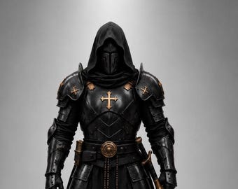 May include: A suit of black plate armour featuring a hooded cloak, a full-face helmet, and gold-coloured cross emblems on the chest and shoulders. The armour includes a belt with a circular buckle, hanging beaded chains, and a long sword held in hand.