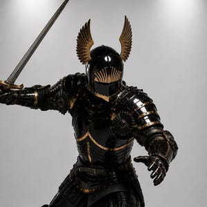 May include: A full suit of polished black plate armour with gold-toned metal accents, featuring a helmet with prominent wing-like side attachments and a slatted visor. The armour includes articulated gauntlets, greaves, and a longsword held aloft.