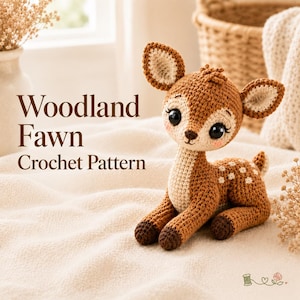 Può includere: Un cerbiatto all'uncinetto in filato marrone e crema, con grandi occhi neri, orecchie a punta e macchie bianche sul dorso. Il testo Woodland Fawn Crochet Pattern è visualizzato in lettere marroni sul lato sinistro dell'immagine.