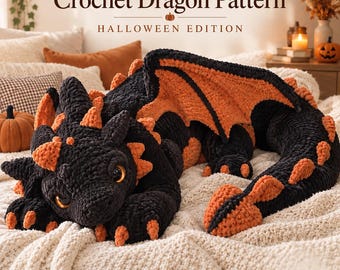 May include: A black and orange crochet dragon plush toy with textured yarn, large orange eyes, and spikes along its back and tail. The image includes the text Crochet Dragon Pattern HALLOWEEN EDITION and ThreadByRoseArt in the corner.