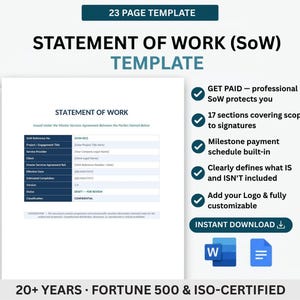 Può includere: Un modello di documento Statement of Work di 23 pagine con una tabella per i dettagli del progetto, inclusi numero di riferimento, fornitore di servizi, cliente e date. Il documento è personalizzabile, include 17 sezioni, un piano di pagamento a tappe e compatibile con Word e Google Docs.