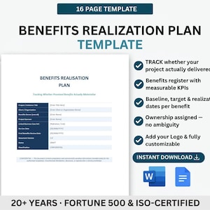 May include: A 16-page Benefits Realization Plan template document featuring a table for project details including title, client, owner, sponsor, and dates. The document includes checkmarks for tracking KPIs, baseline targets, and ownership, with Word and Google Docs icons.