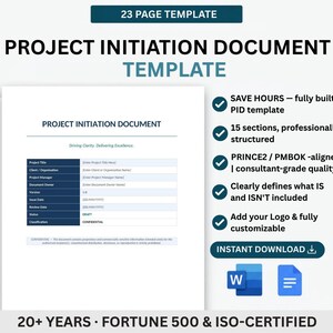 Puede incluir: Una plantilla de documento de inicio de proyecto de 23 páginas con una tabla estructurada para detalles del proyecto, incluyendo título, cliente, gerente y estado. El documento incluye campos de texto para completar y es compatible con Word y Google Docs.
