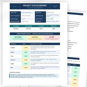 Puede incluir: Una plantilla digital de informe de estado de proyecto en formato Word. El documento presenta un encabezado con detalles del proyecto, un panel de estado RAG con indicadores codificados por colores para seguimiento, precaución y riesgo, y secciones para el estado del flujo de trabajo.