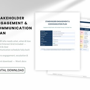 Może przedstawiać: Cyfrowy szablon dokumentu zatytułowany Stakeholder Engagement & Communication Plan. Biała strona zawiera ciemnoniebieski nagłówek, tabelę z informacjami o projekcie z polami na tytuł, klienta i menedżera oraz stopkę oznaczoną jako poufne.