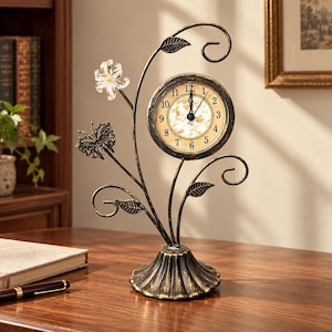 May include: A black and gold metal table clock featuring a round face with black numerals, set on a fluted base. The frame is shaped like a vine with metal leaves, a decorative metal butterfly, and a clear glass flower accent.