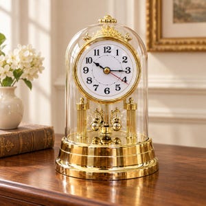 Puede incluir: Un reloj de sobremesa dorado con esfera circular blanca, números arábigos negros, manecillas negras para horas y minutos, y un segundero rojo. El reloj está protegido por una cúpula de cristal sobre una base dorada con pilares decorativos.