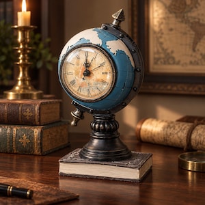 Puede incluir: Un reloj de mesa con forma de globo terráqueo que presenta un diseño de mapa en azul y crema con acabado desgastado. La esfera tiene números romanos negros y manecillas ornamentadas, montada en un marco de metal oscuro sobre una base de libro.