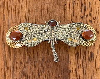 Barrette made from vintage amber glass dragonfly brooch