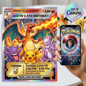 以下が含まれることがあります： Charizard、Gengar、Pikachu、Mewtwoが描かれた長方形の誕生日招待状カード。Justin's 5th Birthday、Sunday, June 28, 2:00 PM - 4:00 PM, 123 Anywhere Street, Any City, 12345、RSVP: (234) 567-6789というテキストがホログラフィックな背景に記載されています。
