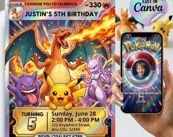 Pokémon-Geburtstagseinladung mit Foto, Pikachu-Glurak-Party, bearbeitbare Canva-Vorlage, digitaler Download