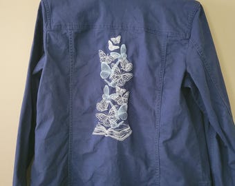 Upcycled Denim Jacket, Embroidered Butterflies & Book, Women's Medium