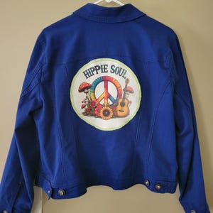 Hippie soul patch Upcycled hippie denim jacket. unique one of a kind women&#39;s size XL denim jacket