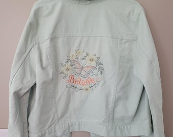 Embroidered Butterfly Denim Jacket, Upcycled Light Green, Women's XL