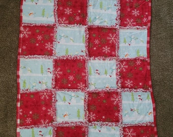 Rag quilt handmade Christmas quilt snowflakes and snowman lap quilt couch throw