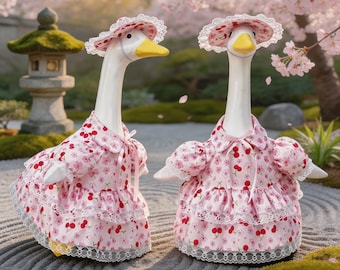 23-Inch Porch Goose Floral Dress Outfit, Pink Cherry Floral Lace Dress & Matching Bonnet Hat Set, Cute Spring Patio Goose Dress Up Accessory
