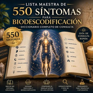 May include: An open book titled Lista Maestra de 550 Síntomas para Biodescodificación featuring a central glowing human silhouette with golden energy lines. The pages display lists of symptoms like Ansiedad, Migraña, and Gastritis with icons.
