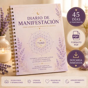 May include: A spiral-bound manifestation journal with a light purple cover featuring lavender sprigs, a geometric pattern, and the text DIARIO DE MANIFESTACIÓN CON CÓDIGOS SAGRADOS DE AGESTA. Includes circular icons for 45 DÍAS, PDF FORMATO, and DESCARGA INMEDIATA.