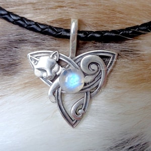 Celtic cat necklace Sterling silver opal moonstone celtic knot Shaman Viking necklace Triquetra jewelry gift for women men pendant