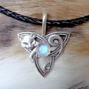 Celtic cat necklace Sterling silver opal moonstone celtic knot Shaman Viking necklace Triquetra jewelry gift for women men pendant
