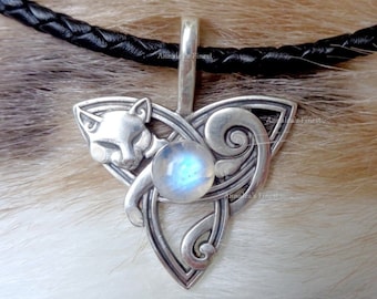 Celtic cat necklace Sterling silver opal moonstone celtic knot Shaman Viking necklace Triquetra jewelry gift for women men pendant