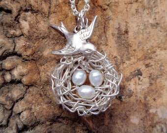 Bird nest necklace Sterling Silver freshwater pearls gift for women wedding pregnancy  925 silver birdnest with eggs Mothers Day Easter