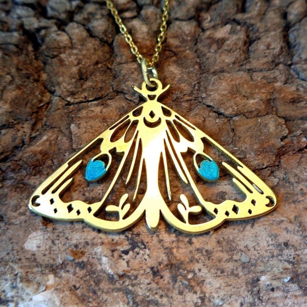 Night Moth butterfly necklace golden teal Art Nouveau oriental jewelry gothic steampunk insect necklace gift for women Christmas