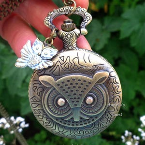 Owl pendant watch necklace with handpainted baby owl Vintage watch Victorian gift for women and forest bird lovers