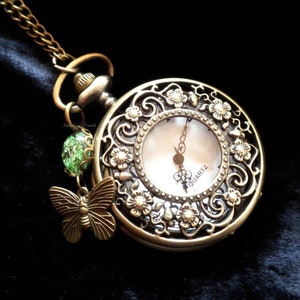Pendant watch necklace real flowers green or teal & butterfly Art Nouveau pocket watch necklace Vintage watch Victorian gift for women