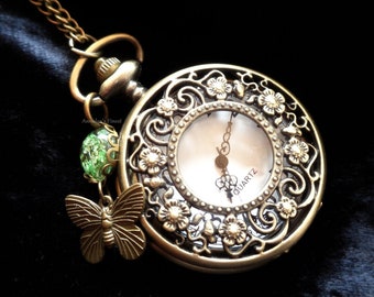 Pendant watch necklace real flowers green or teal & butterfly Art Nouveau pocket watch necklace Vintage watch Victorian gift for women