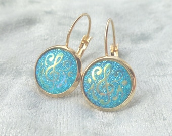 Iridescent earrings clef flower stainless steel gold teal dangle earrings jewelry gift for women music lovers