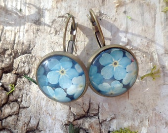 Forget-me-not earrings spring cabochon dangles lightblue bronze gift for women woodland Valentines Day