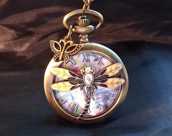 Reloj de bolsillo con cadena y libélula en estilo vintage como regalo victoriano Art Nouveau para mujer