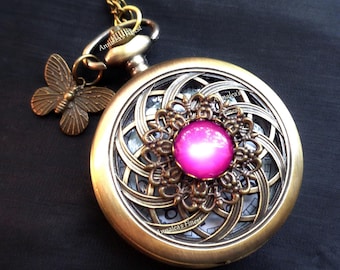 Pendant watch necklace Victorian style pink cabochon & butterfly Mandala pocket  watch Christmas gift for women
