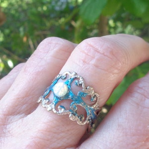 Ring with fire opal gold teal princess fairy elven Art Vintage Nouveau jewelry Rococo medieval fantasy ring Victorian black ring gift women