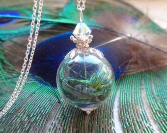Peacock feather necklace Sterling silver with peacock feathers in glass sphere with crown gift for women bird lovers birthday
