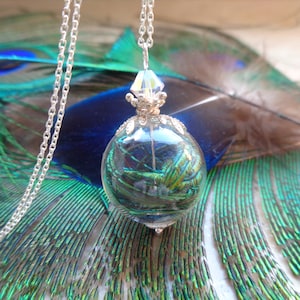 Peacock feather necklace Sterling silver with peacock feathers in glass sphere with crown gift for women bird lovers birthday