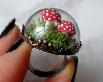 Toadstool ring Halloween mushroom ring terrarium jewelry witch mushroom moss ring witch Wicca real plant ring gift  gift for women