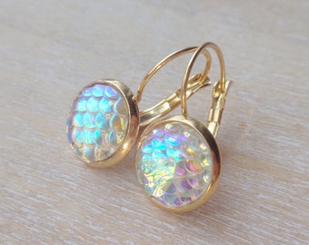 Mermaid earrings stainless steel gold teal iridescent dangle earrings jewelry gift for women Easter summer