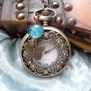 Kettenuhr mit echten Blüten grün mit Schmetterling bronze nostalgische Taschenuhr Vintage Jugendstil Geschenk für Frauen Weihnachten Bild 4